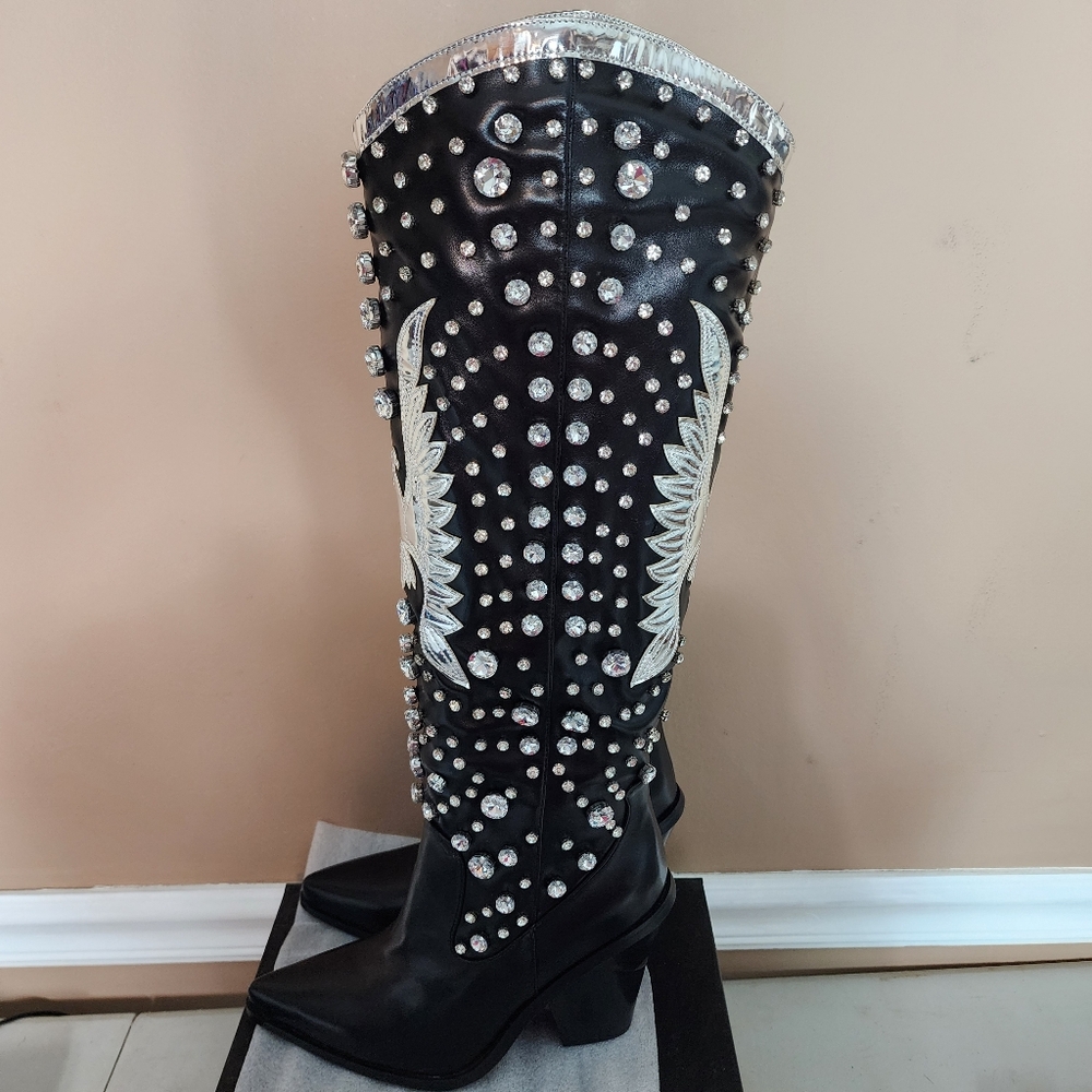AZALEA WANG Upbeat Black Jeweled Rhinestone Tall Western Cowboy Boots 7-11 NWT - Picture 9 of 14